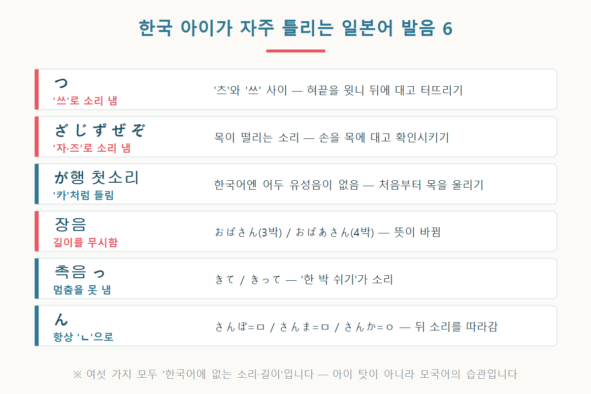 한국 아이가 자주 틀리는 일본어 발음 6가지를 정리한 표 그래픽