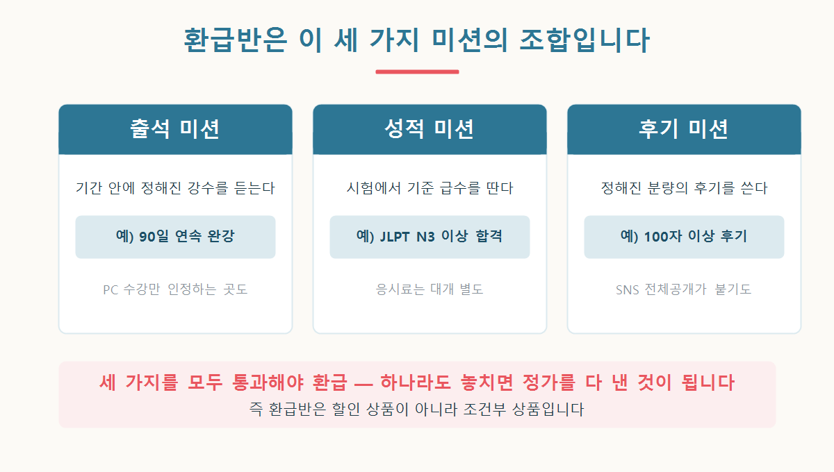 출석 미션, 성적 미션, 후기 미션으로 구성된 일본어 인강 환급반의 구조를 정리한 그래픽