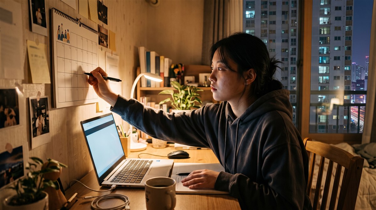 책상에서 노트북으로 인터넷 강의를 들으며 달력에 출석을 표시하는 한국 학습자