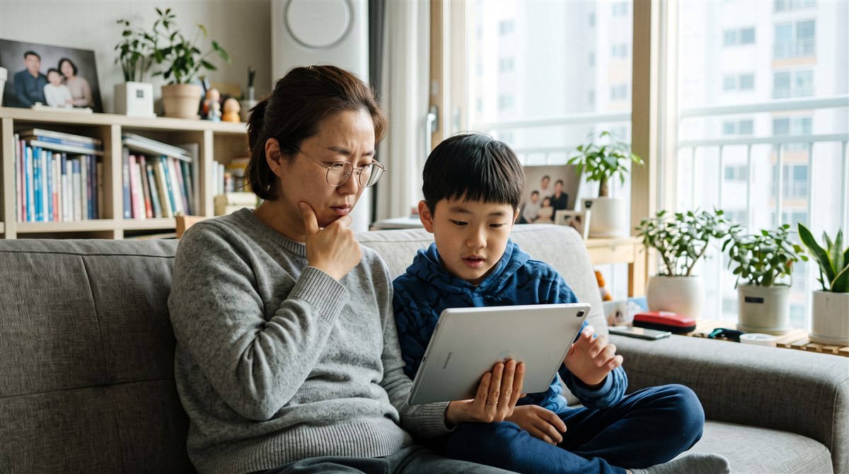 거실에서 아이와 함께 온라인 강의 결제 화면을 살펴보며 이야기하는 한국 어머니