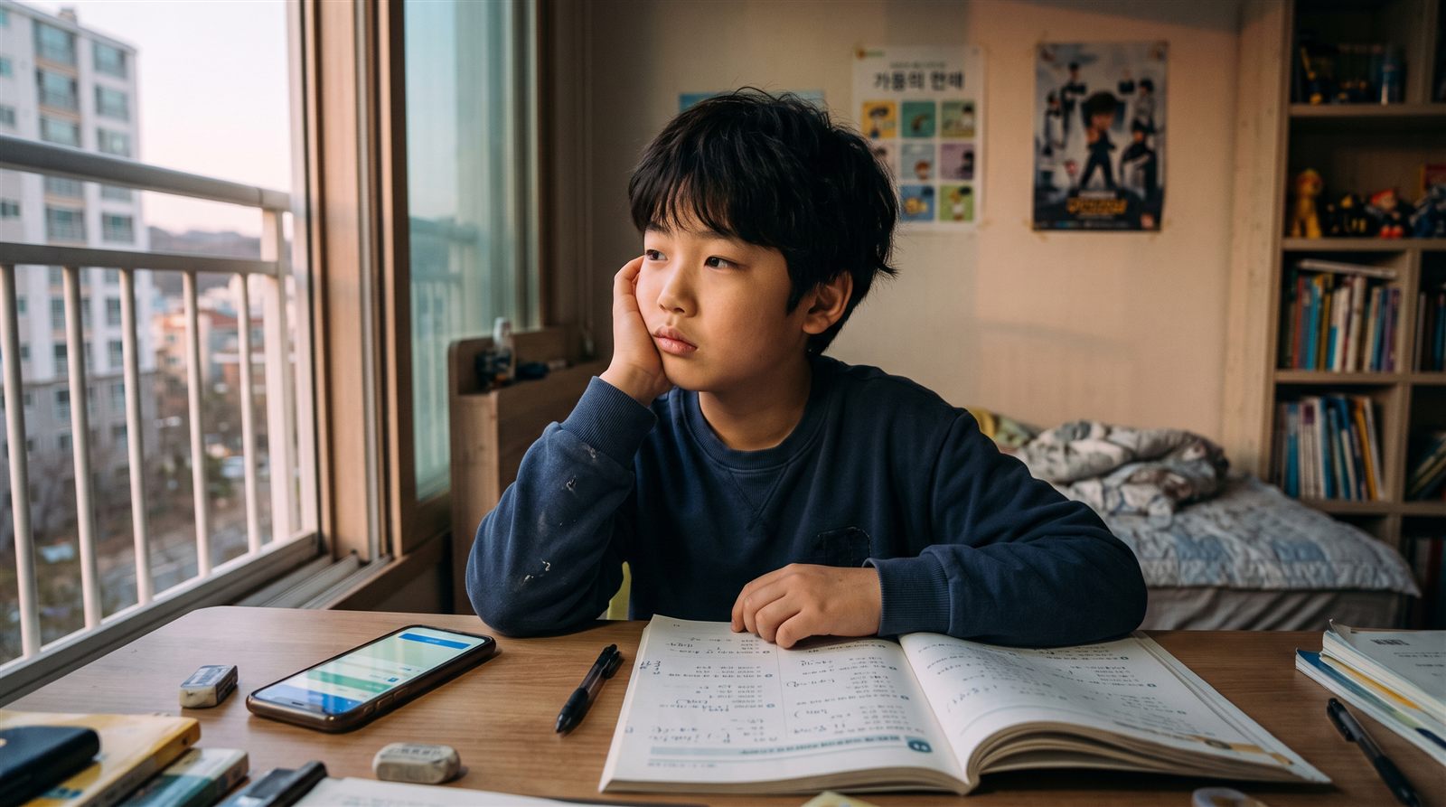 한국 초등학생 남자아이가 자기 방에서 혼자 스마트폰으로 일본어를 공부하다 지루해하는 모습