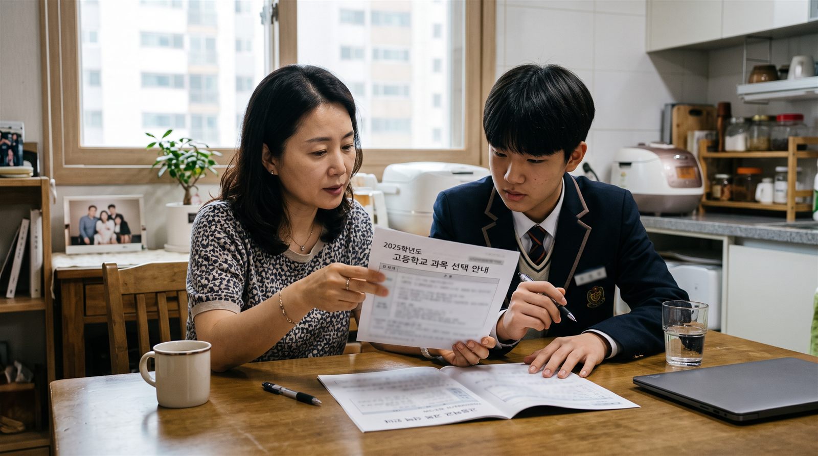 한국 가정에서 어머니와 고등학생 자녀가 식탁에서 과목 선택 안내문을 함께 보며 상의하는 모습