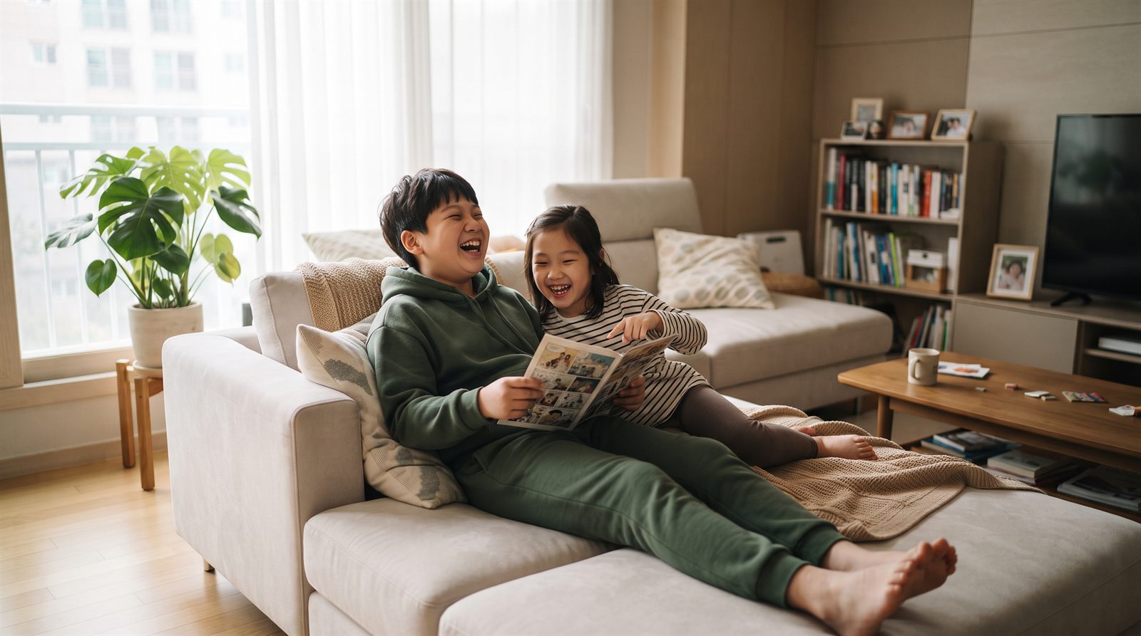 주말 아침 거실 소파에서 만화책을 보며 함께 웃는 한국 남매