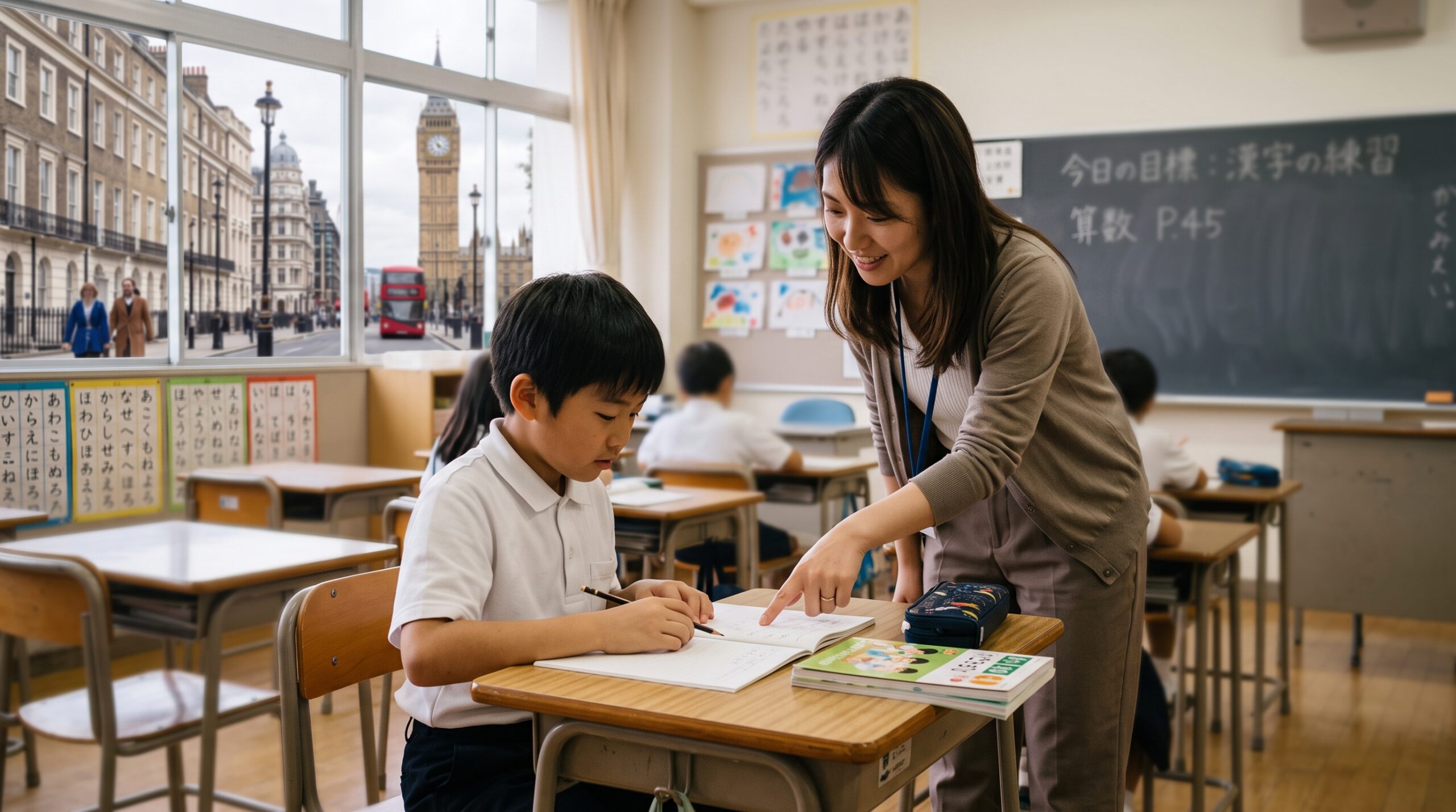 海外の日本人学校の教室で、日本人の教員が児童の机の横で個別に指導している様子