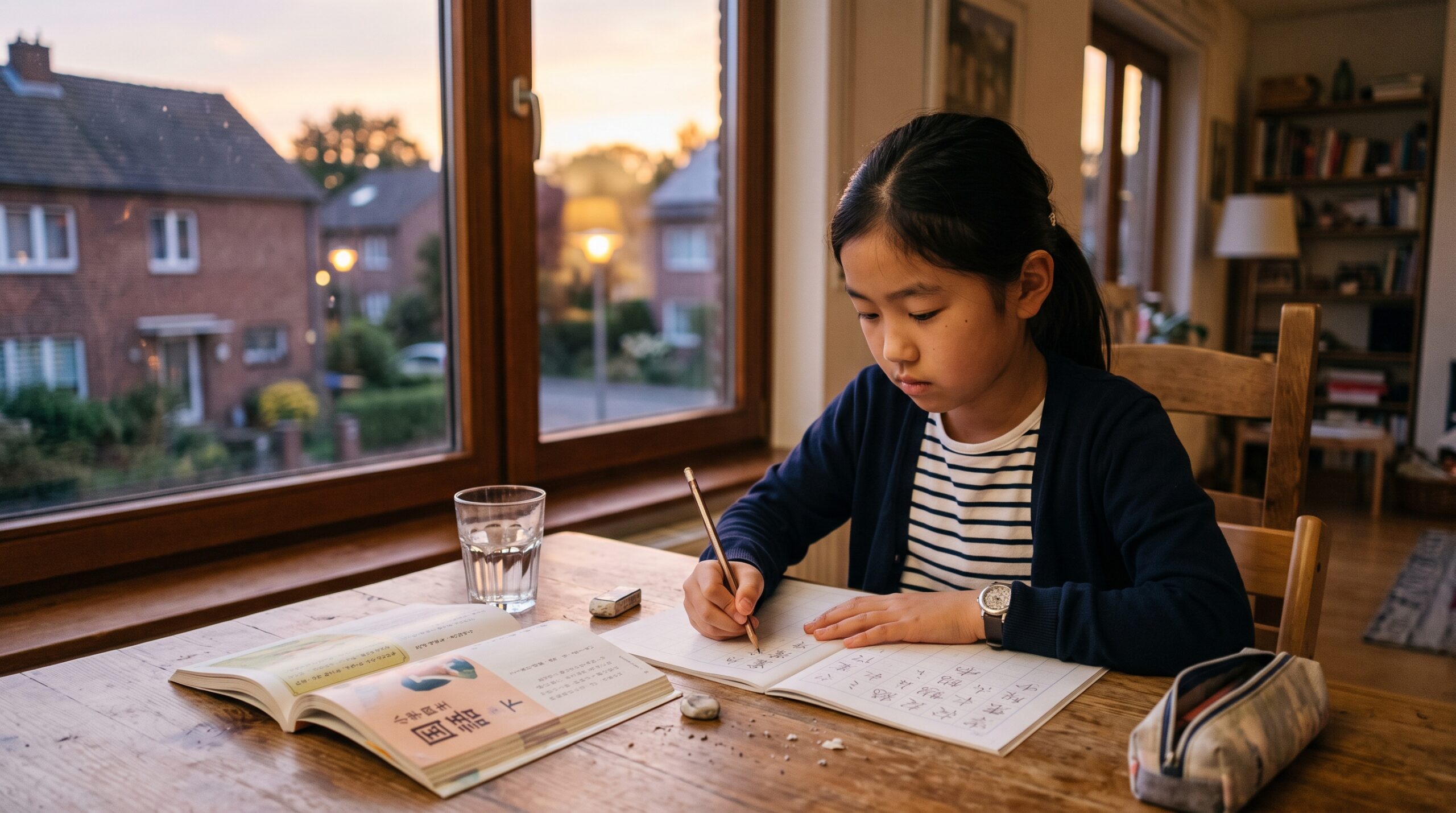 海外の住宅のダイニングテーブルで、日本の国語の教科書とノートを広げて漢字を書く小学生