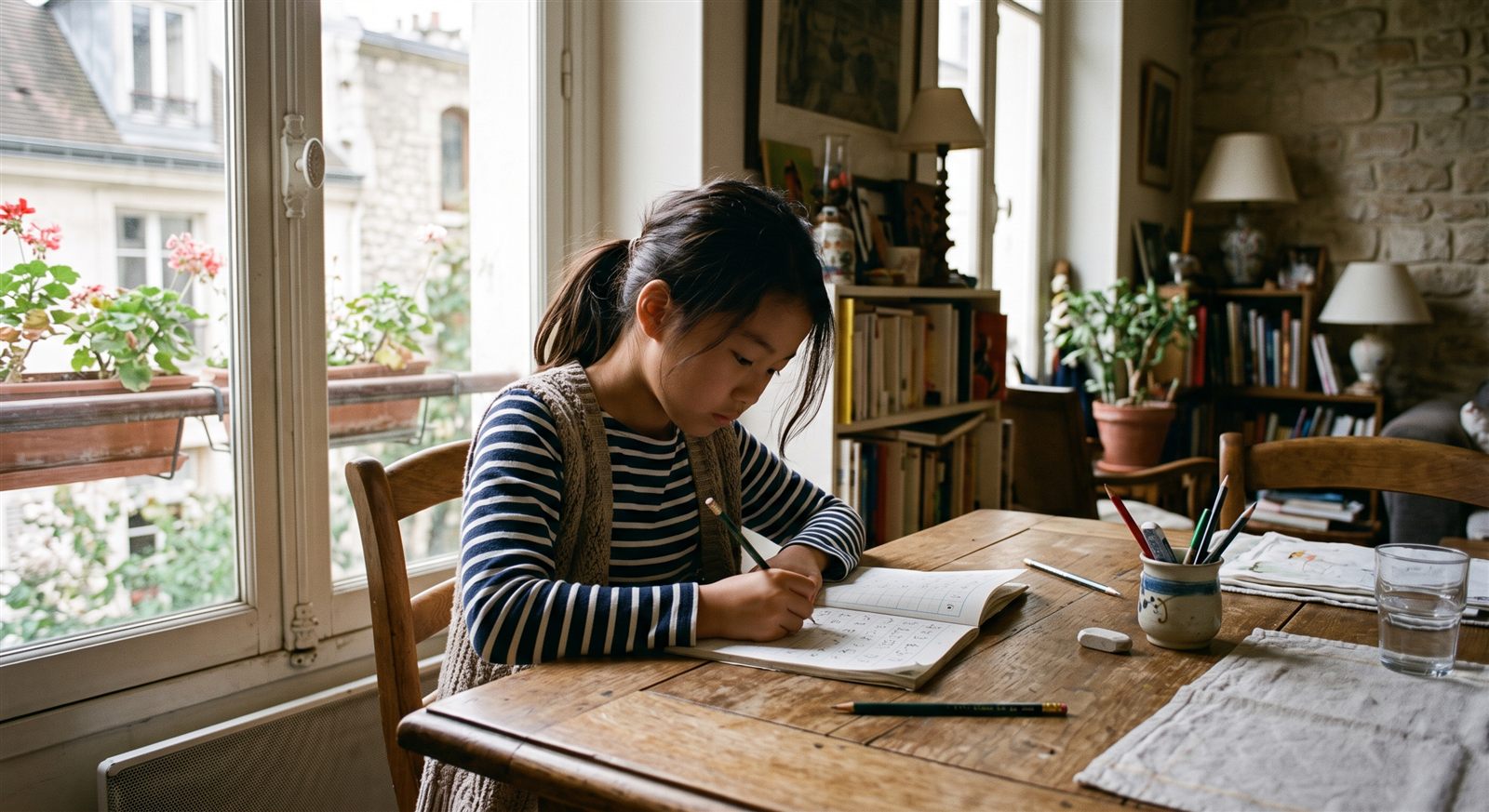 A child in Luxembourg working through a Japanese workbook at home