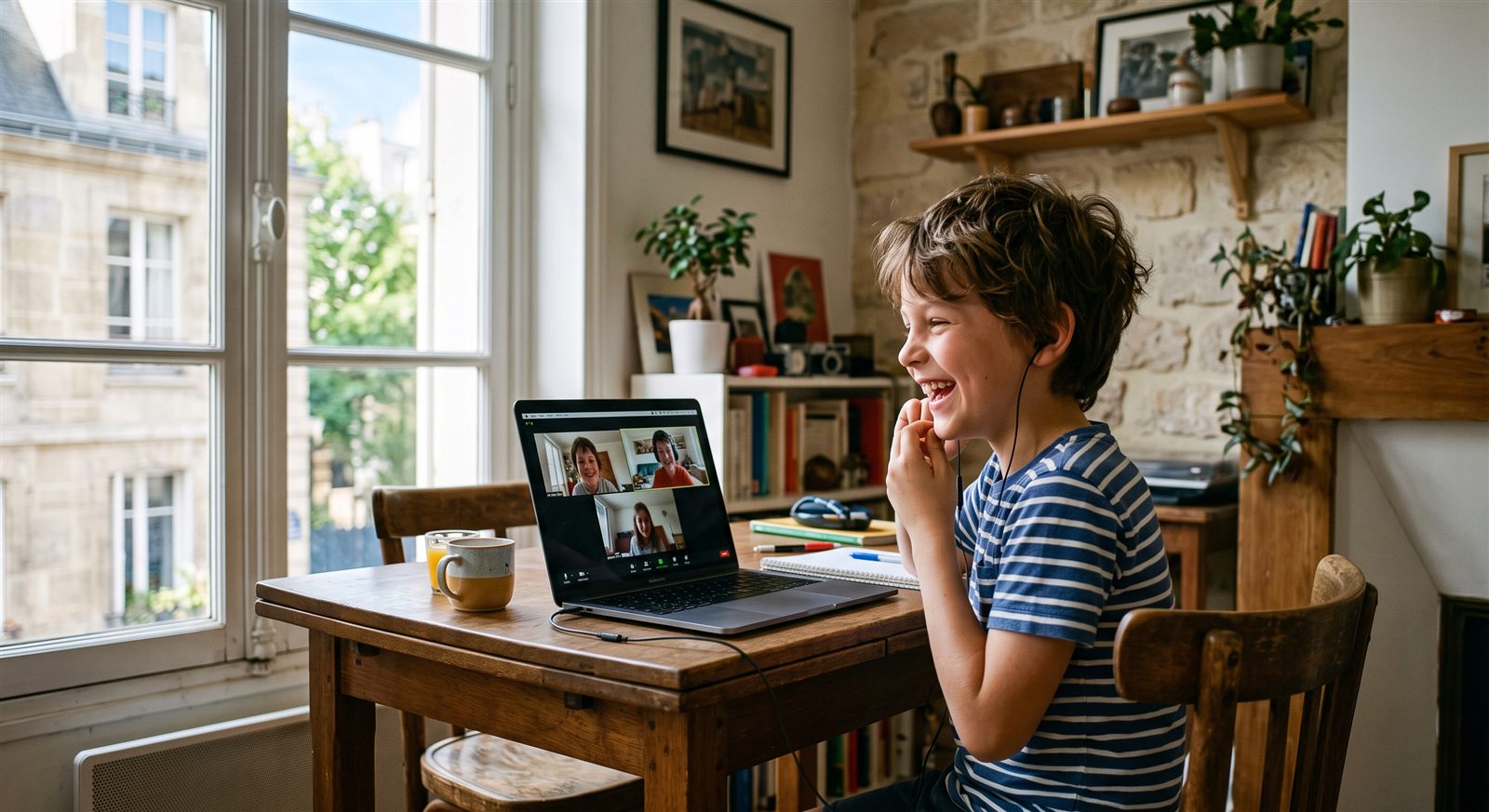 A child in Luxembourg joining an online Japanese class with friends in Japan on a Sunday morning