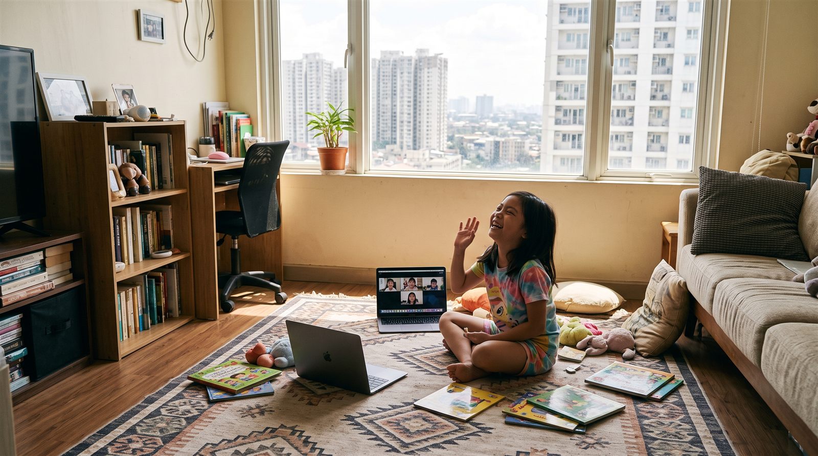 A child in Manila laughing during an online group video call with friends in Japan, early evening at home