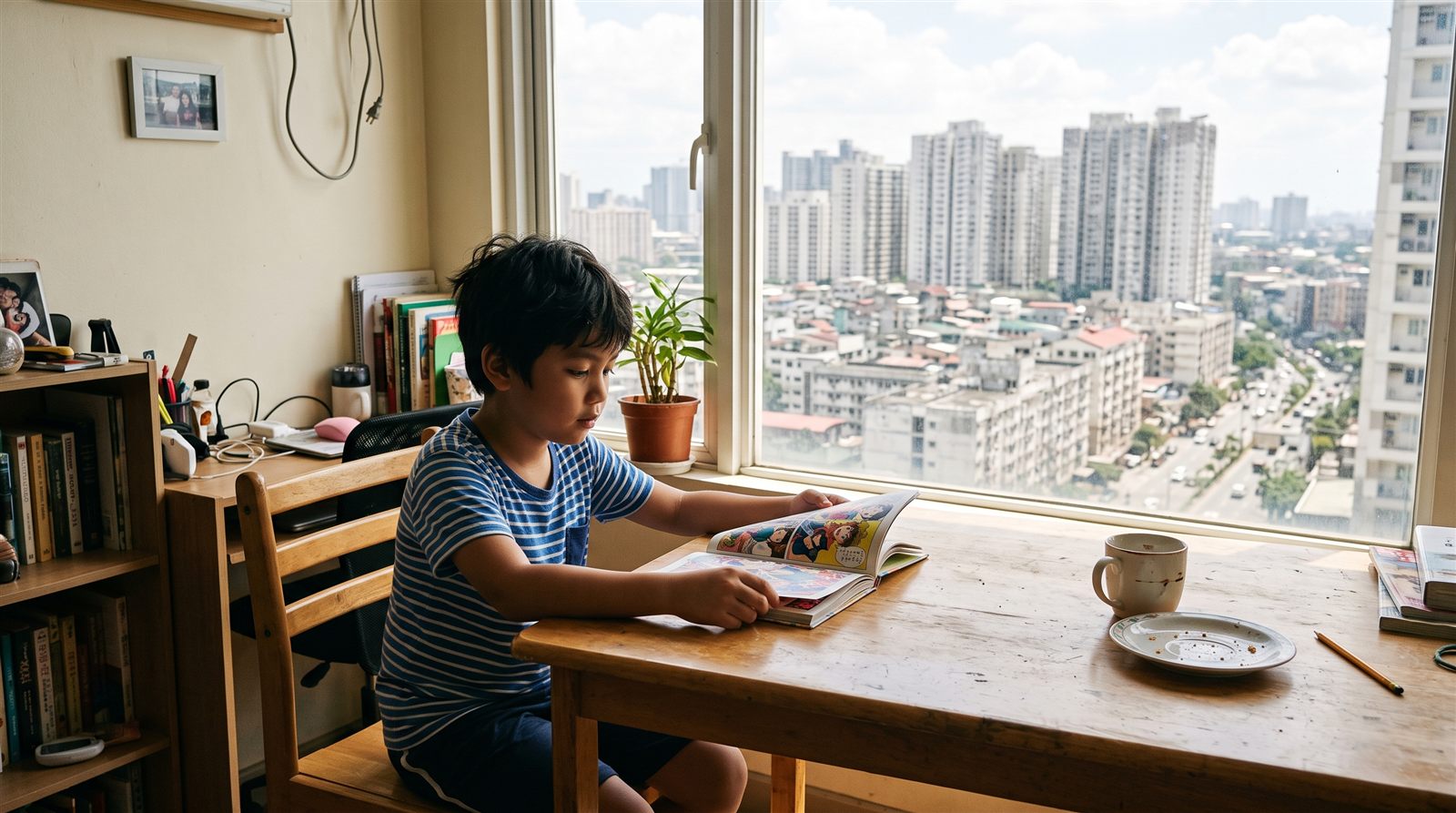 A child in Metro Manila reading a Japanese book at the kitchen table on a weekday evening