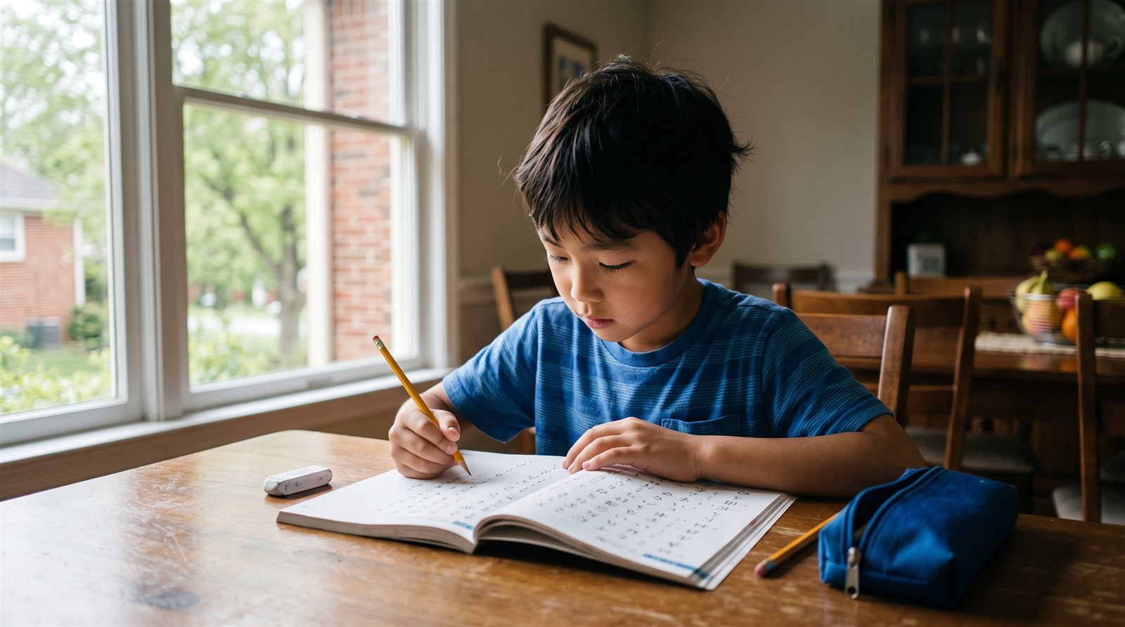 A child in Middle Tennessee working through a Japanese textbook at home on a Saturday