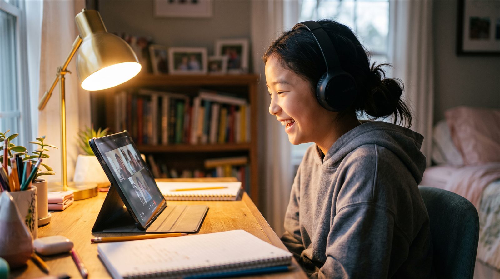 A child in Tennessee joining an online Japanese class with friends in Japan on a Friday evening