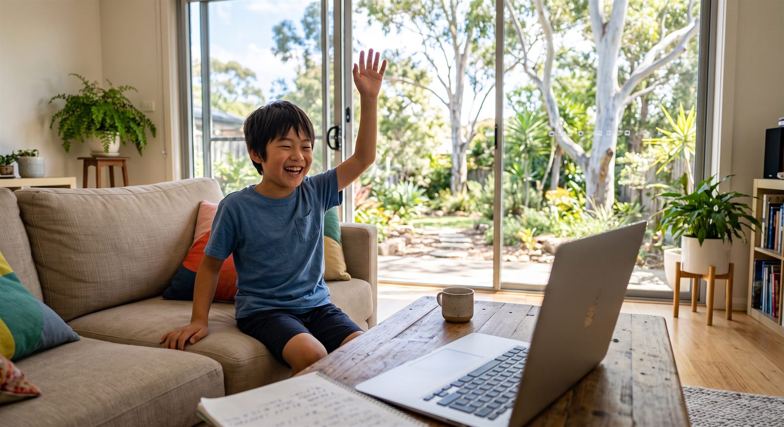 オーストラリアの自宅リビングでノートパソコンのオンライン日本語グループレッスンに参加して笑う小学生