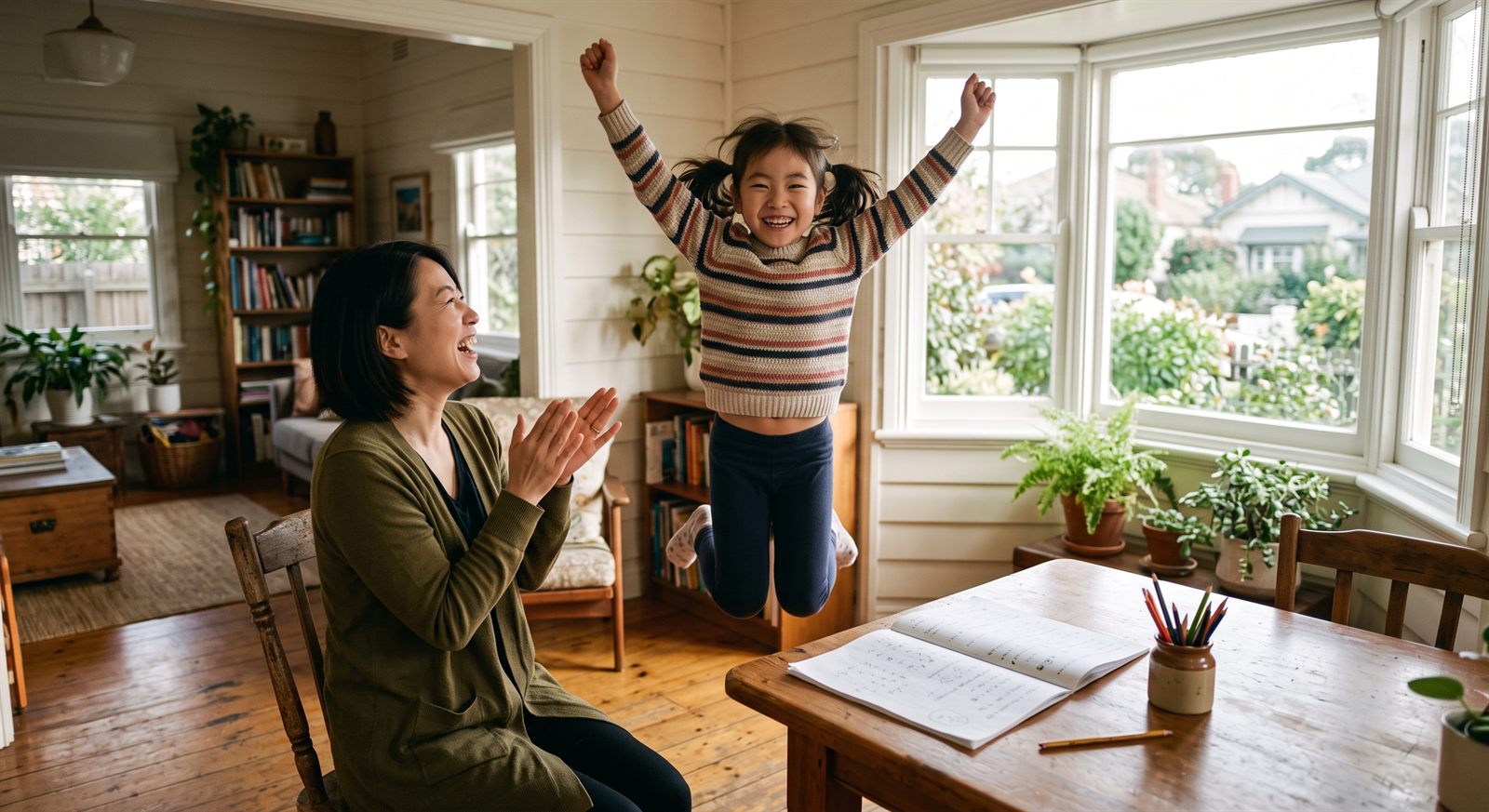 レッスンのあとに喜ぶ子どもとそばで拍手する保護者