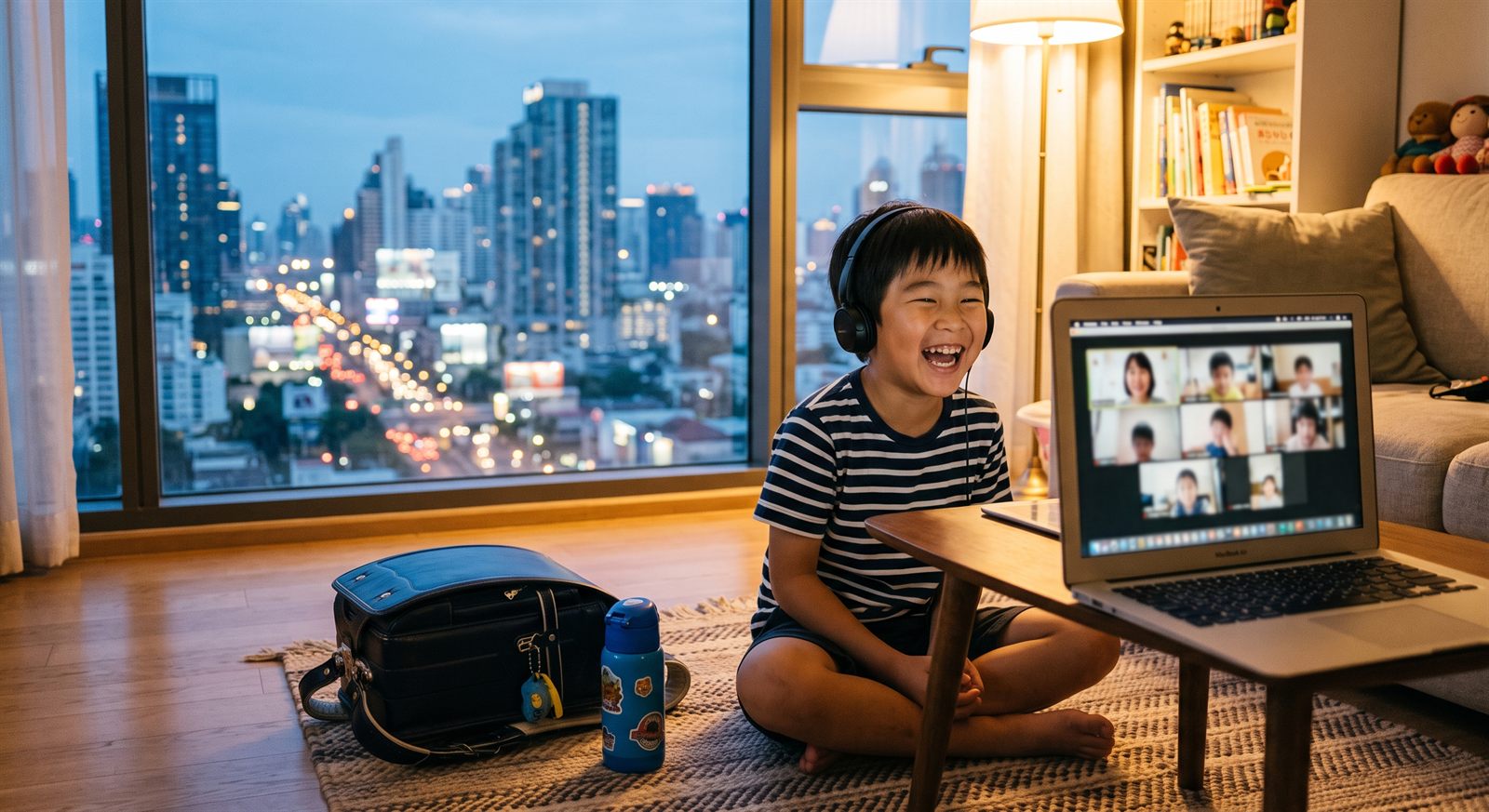 バンコクのコンドミニアムのリビングで、夕方に床に座ってノートパソコンのオンライン日本語グループレッスンに笑って参加する小学生