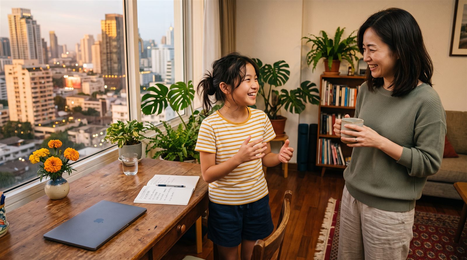 オンラインレッスンのあとに笑顔で話す子どもとそばで見守る保護者