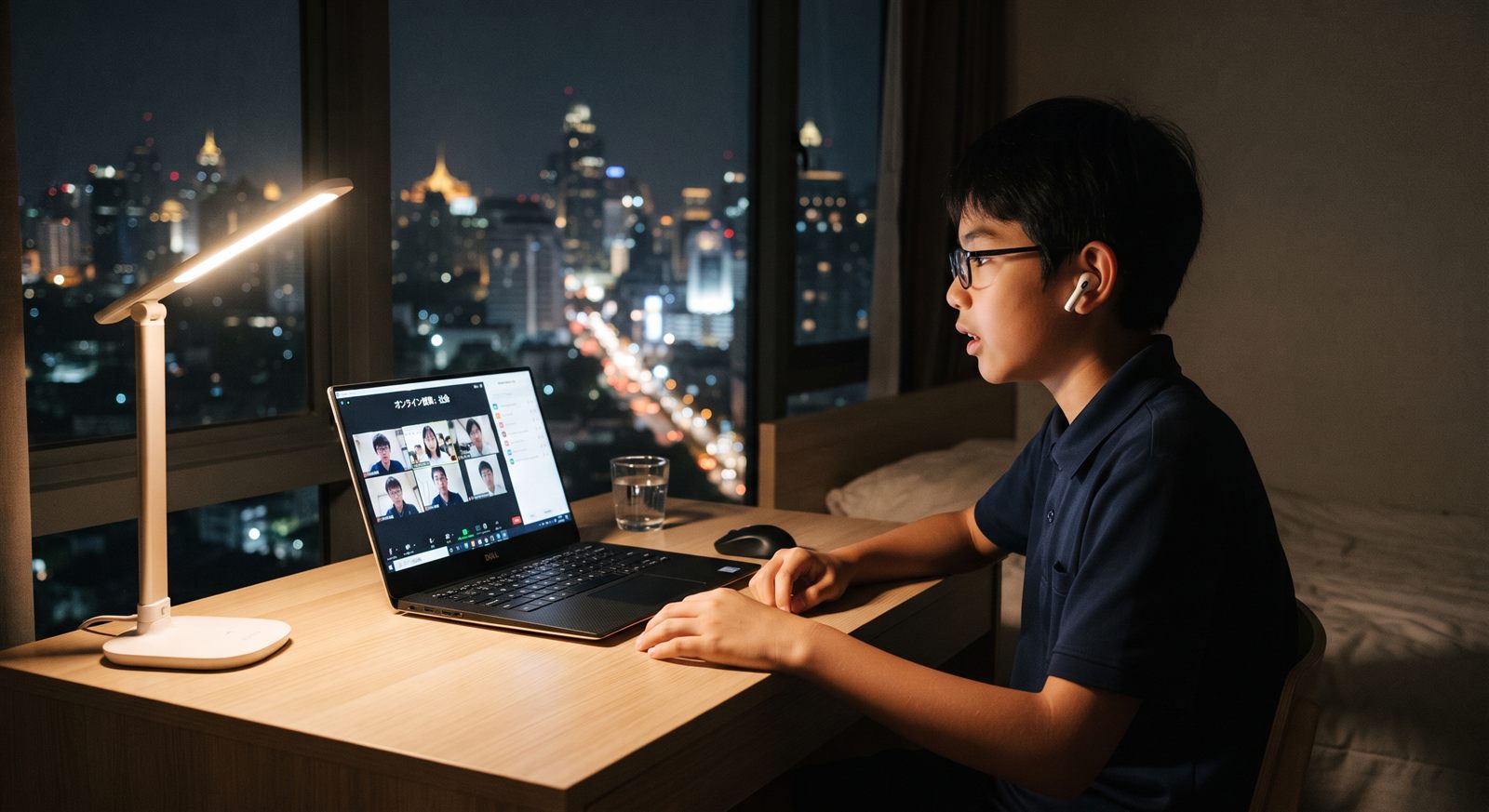 バンコクの自宅の学習机でノートパソコンのオンライン日本語レッスンを受ける中学生