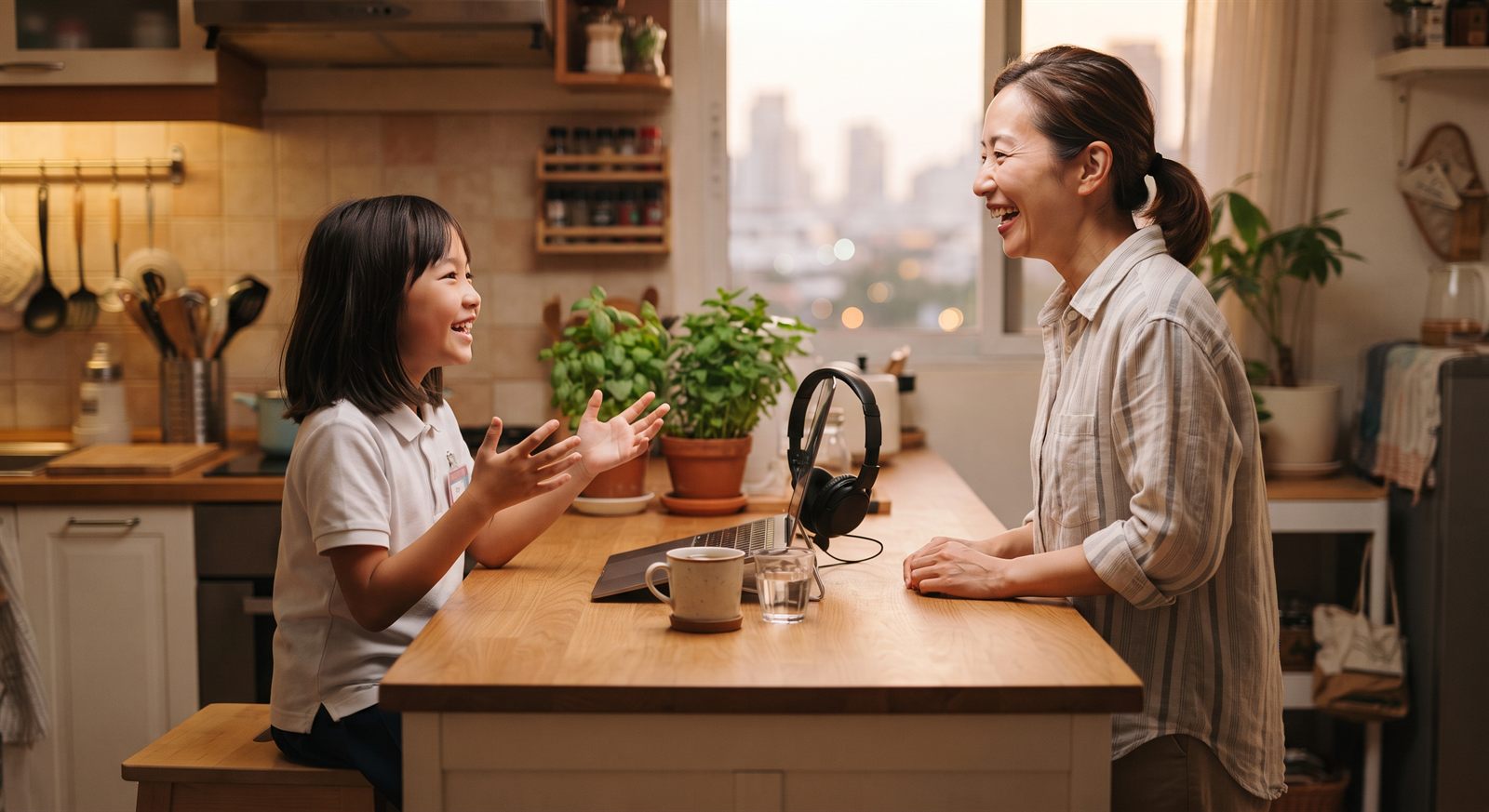 オンラインレッスンのあとにキッチンで笑顔で話す子どもと保護者