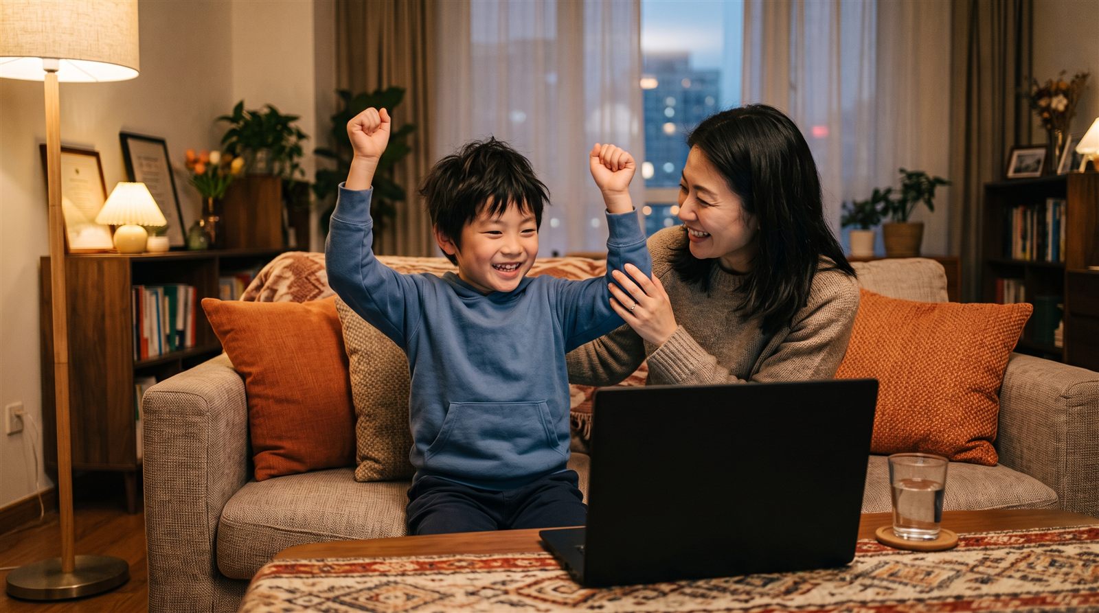 レッスンのあとに喜ぶ子どもとそばで微笑む保護者