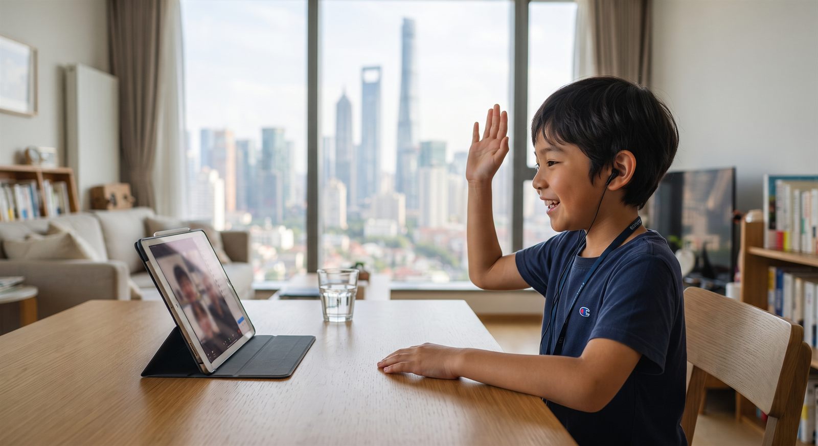 中国の自宅リビングでノートパソコンのオンライン日本語グループレッスンに参加して笑う小学生