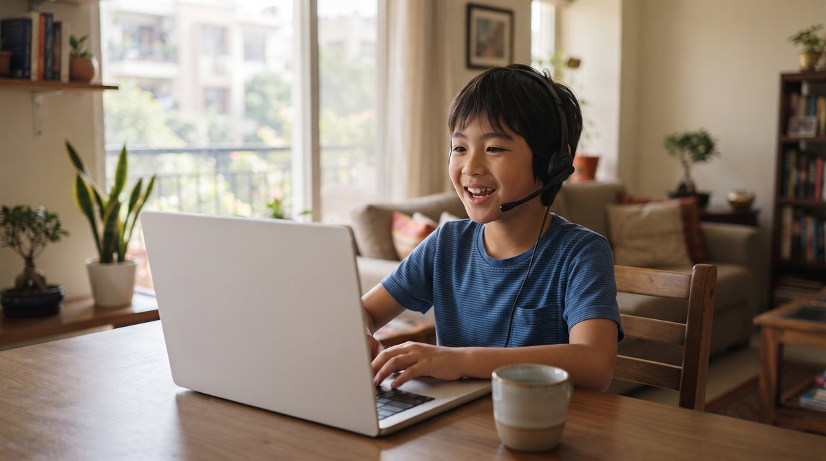 ニューデリーの明るい自宅リビングでノートパソコンのオンライン日本語レッスンに参加して笑う小学生