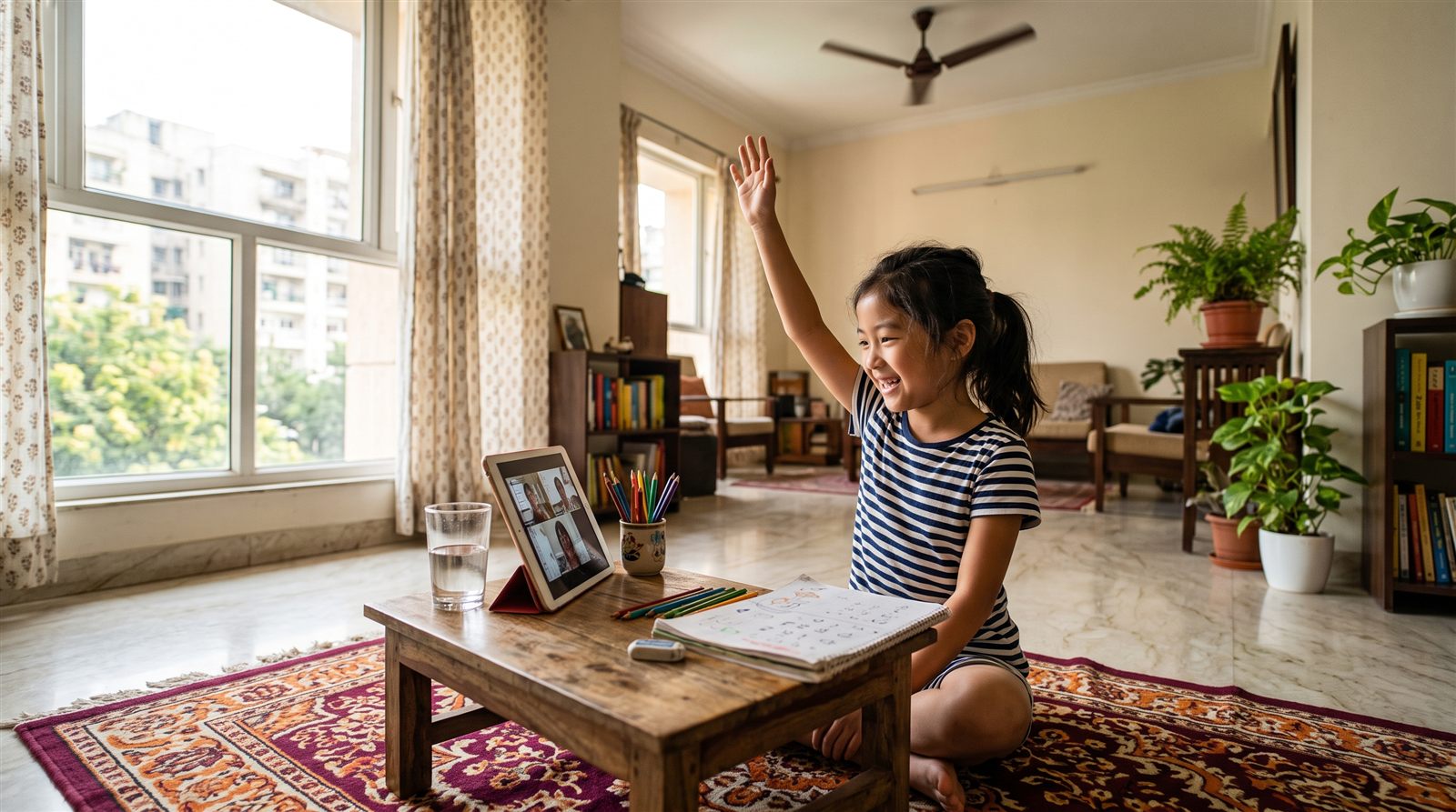 ニューデリーの明るいリビングで、ラグに座りタブレットのオンライン日本語レッスンで手を挙げて答える小学生