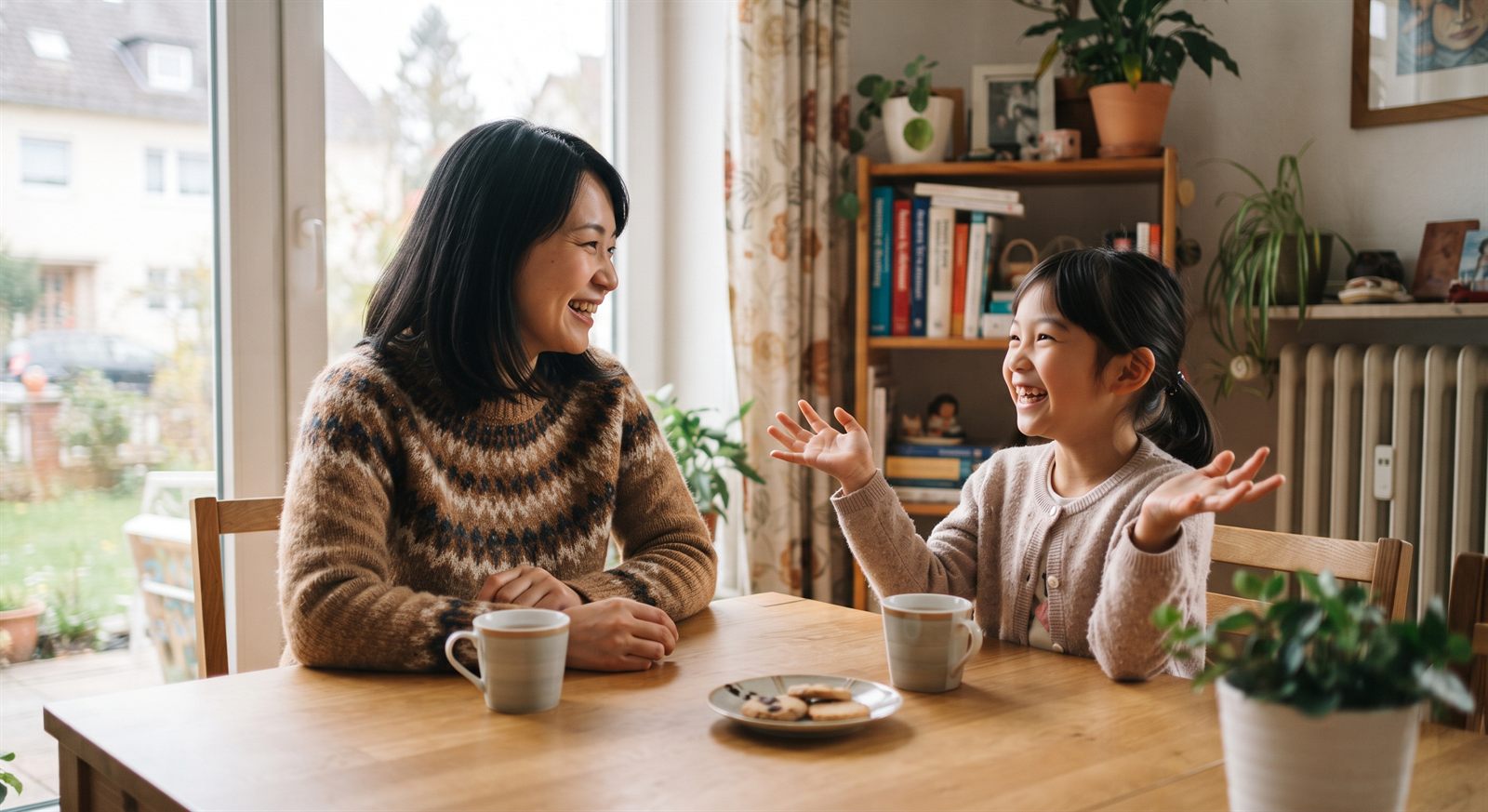 オンラインレッスンのあとにリビングで笑顔で話す子どもと保護者