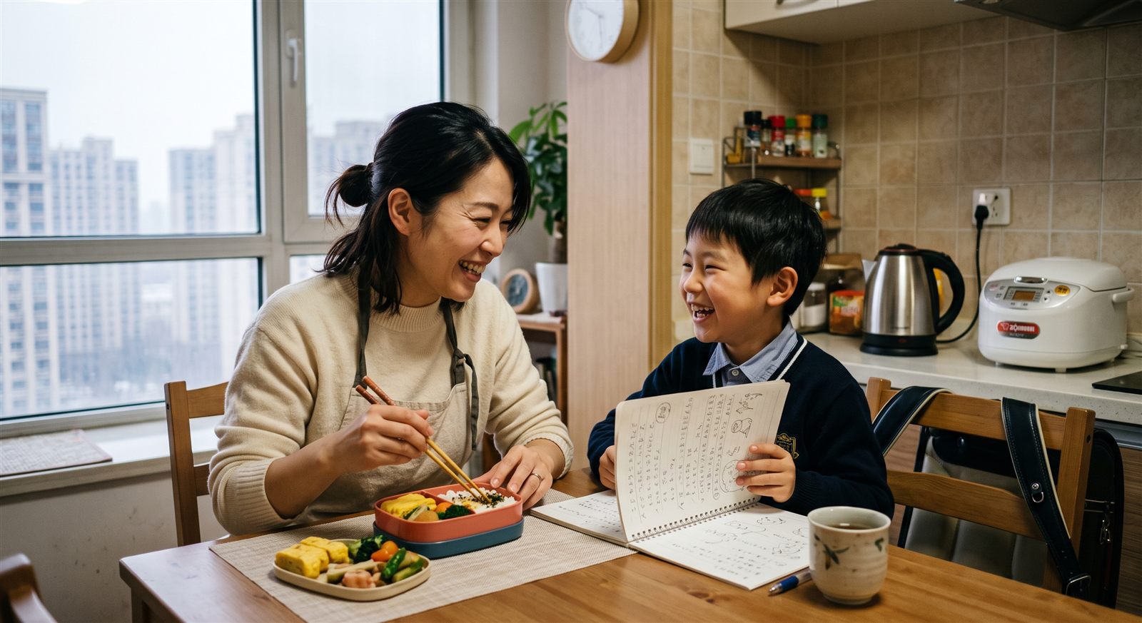 大連の自宅のダイニングで、朝にお弁当を用意しながらノートを見せる小学生と笑い合う保護者