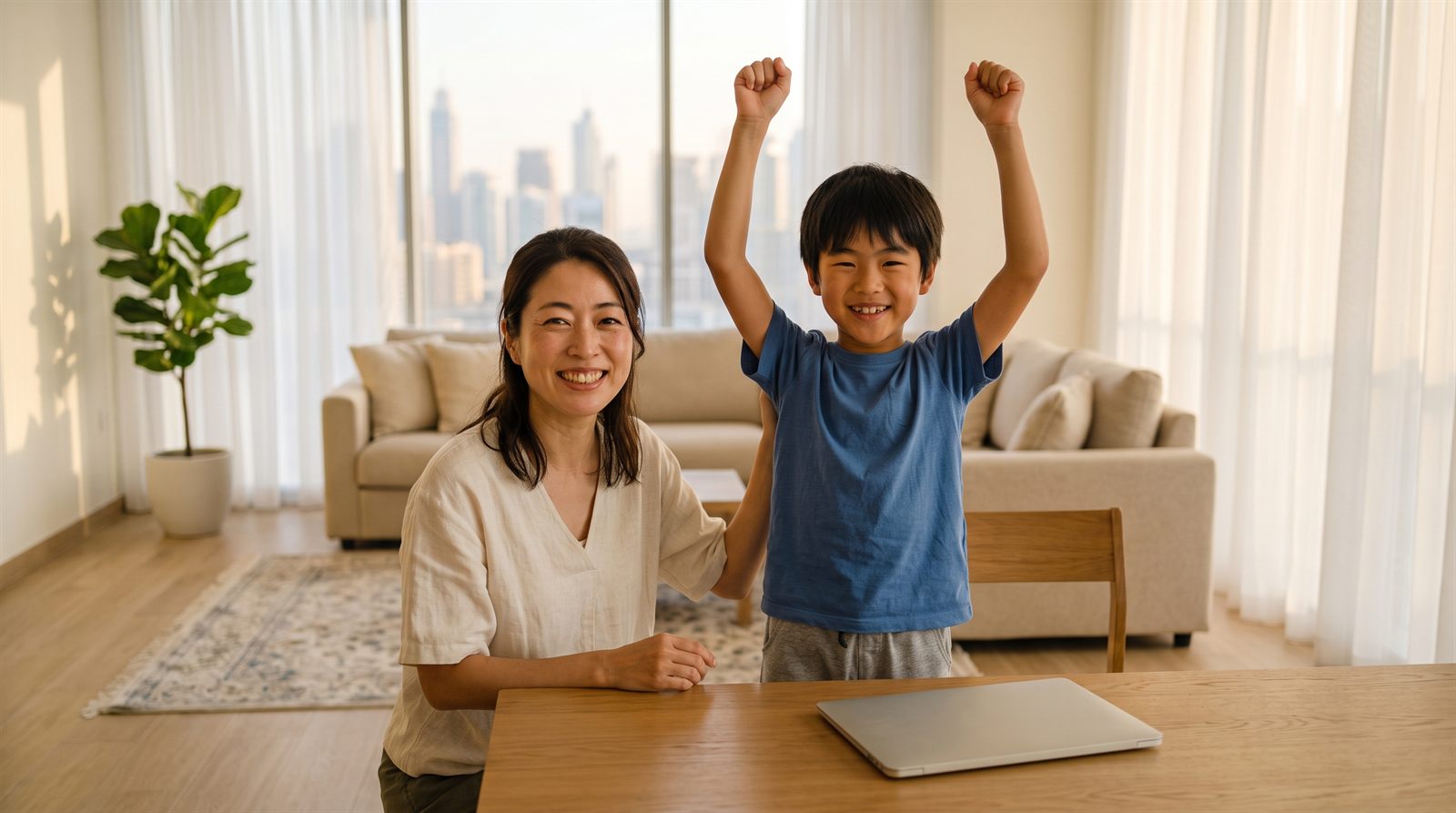 レッスンのあとに喜ぶ子どもとそばで微笑む保護者