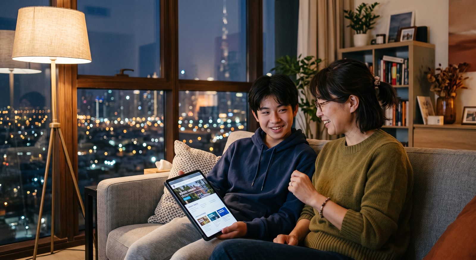 ドバイの自宅のソファで、タブレットを一緒に見ながら進路について話す保護者と中学生