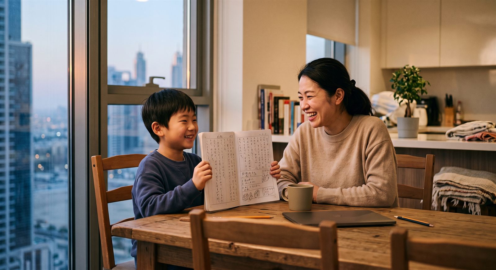 レッスンのあと、ドバイの自宅のダイニングでノートを見せて保護者と笑い合う小学生