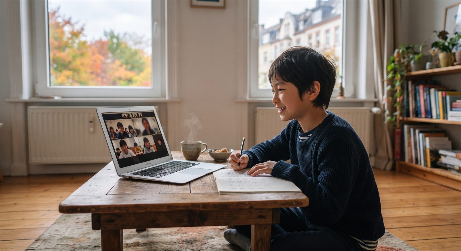 デュッセルドルフの自宅リビングでノートパソコンのオンライン日本語グループレッスンに参加して笑う小学生