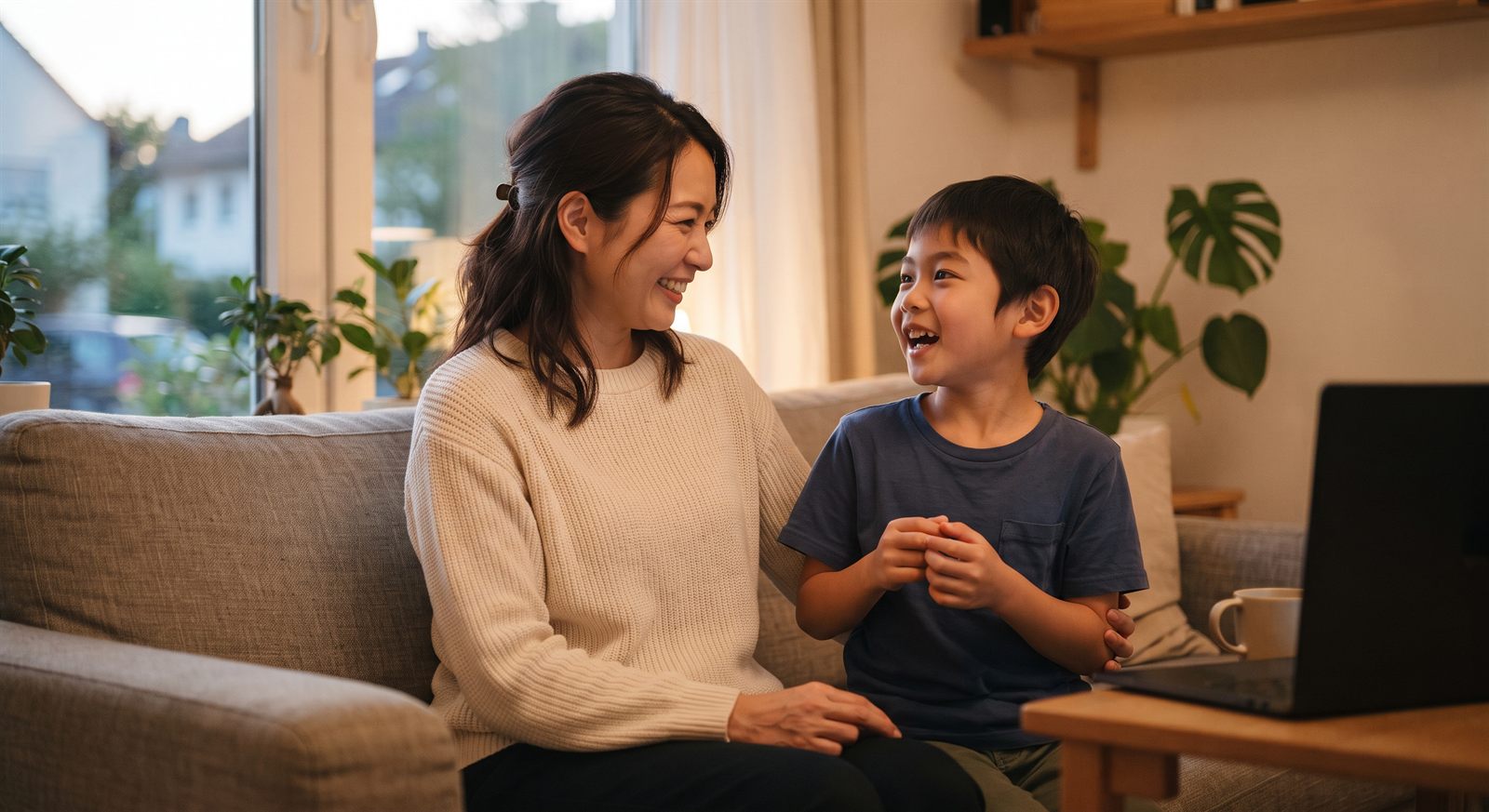 オンラインレッスンのあとにリビングで笑顔で話す子どもと保護者