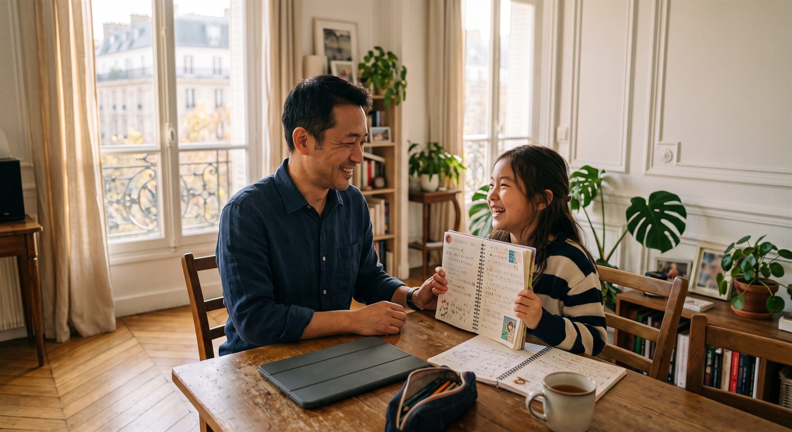 レッスンのあとに喜ぶ子どもとそばで微笑む保護者