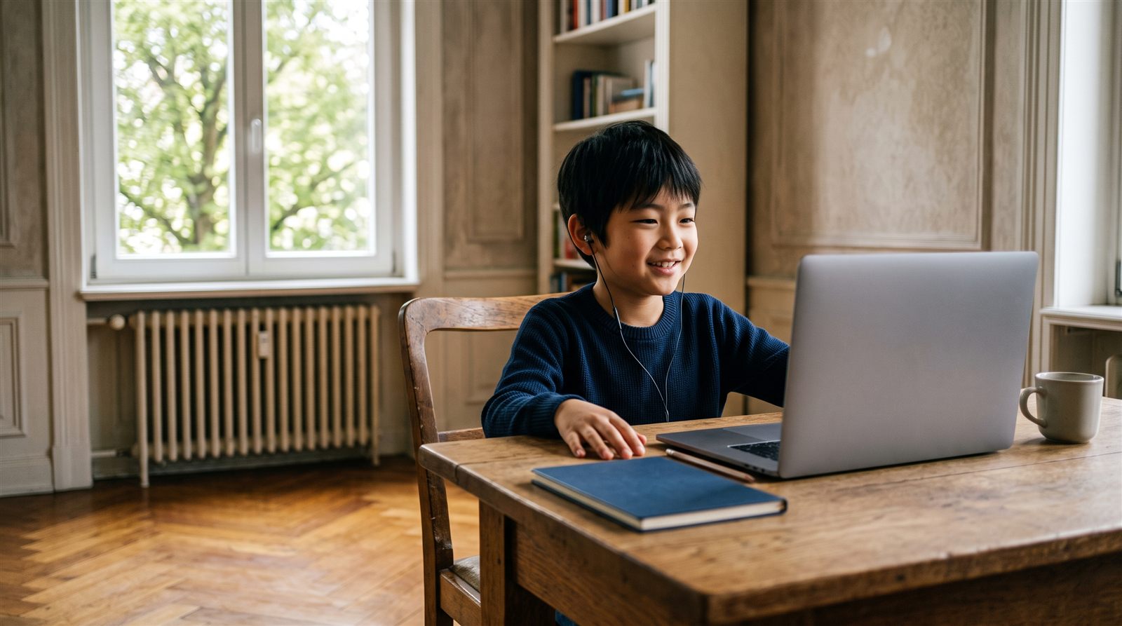 ドイツの自宅リビングでノートパソコンのオンライン日本語グループレッスンに参加して笑う小学生