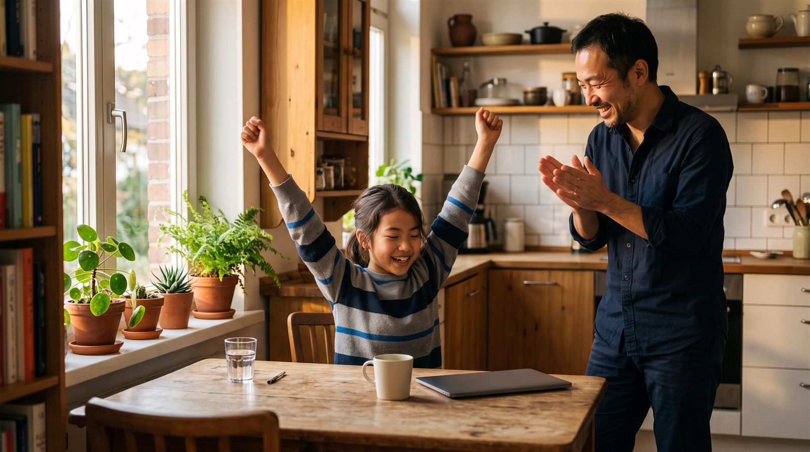 レッスンのあとに喜ぶ子どもとそばで拍手する保護者