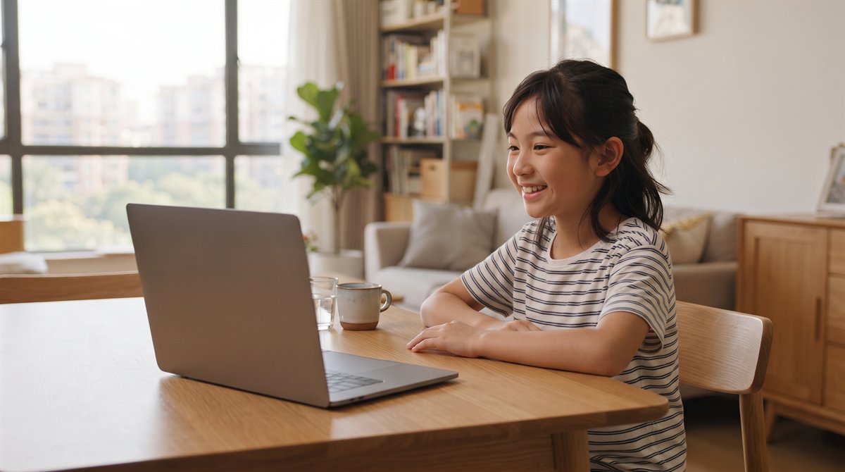 広州の明るい自宅リビングでノートパソコンのオンライン日本語グループレッスンに参加して笑う小学生