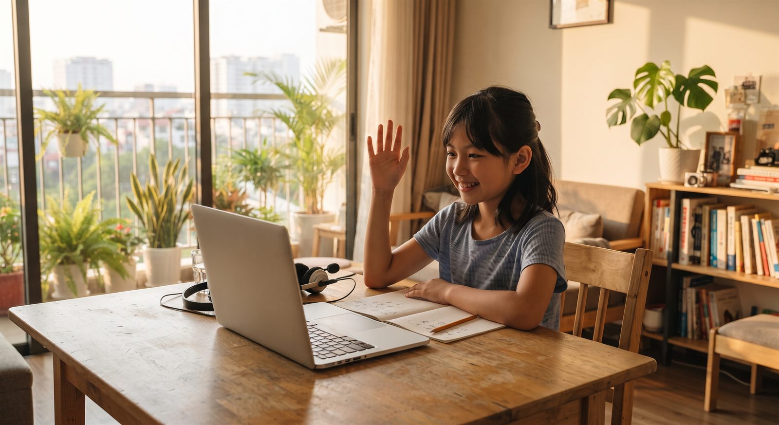 ハノイの自宅リビングでノートパソコンのオンライン日本語グループレッスンに参加して笑う小学生