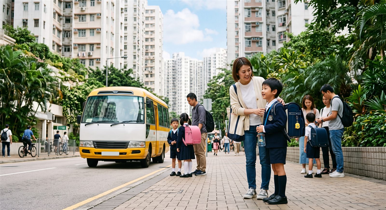 香港の朝、高層住宅が並ぶ住宅エリアの歩道でスクールバスを待つ日本人の小学生と見送りの保護者