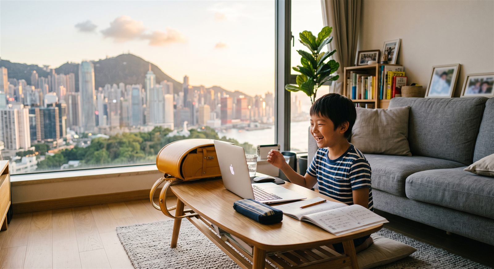 香港の高層マンションのリビングで、夕方にノートパソコンのオンライン日本語グループレッスンで話す小学生