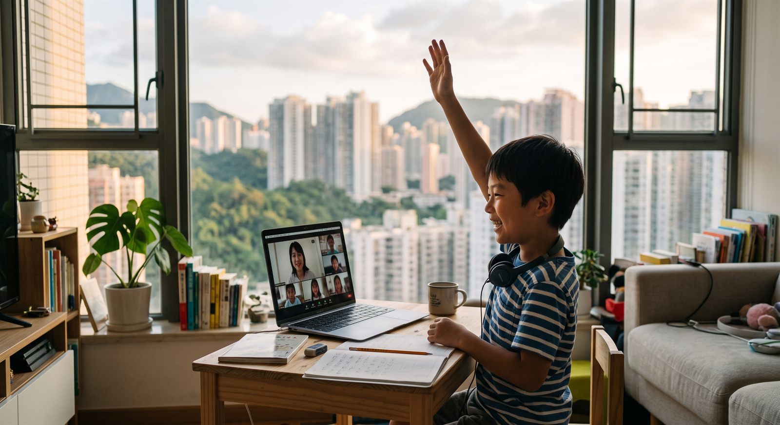 香港の自宅リビングでノートパソコンのオンライン日本語グループレッスンに参加して笑う小学生
