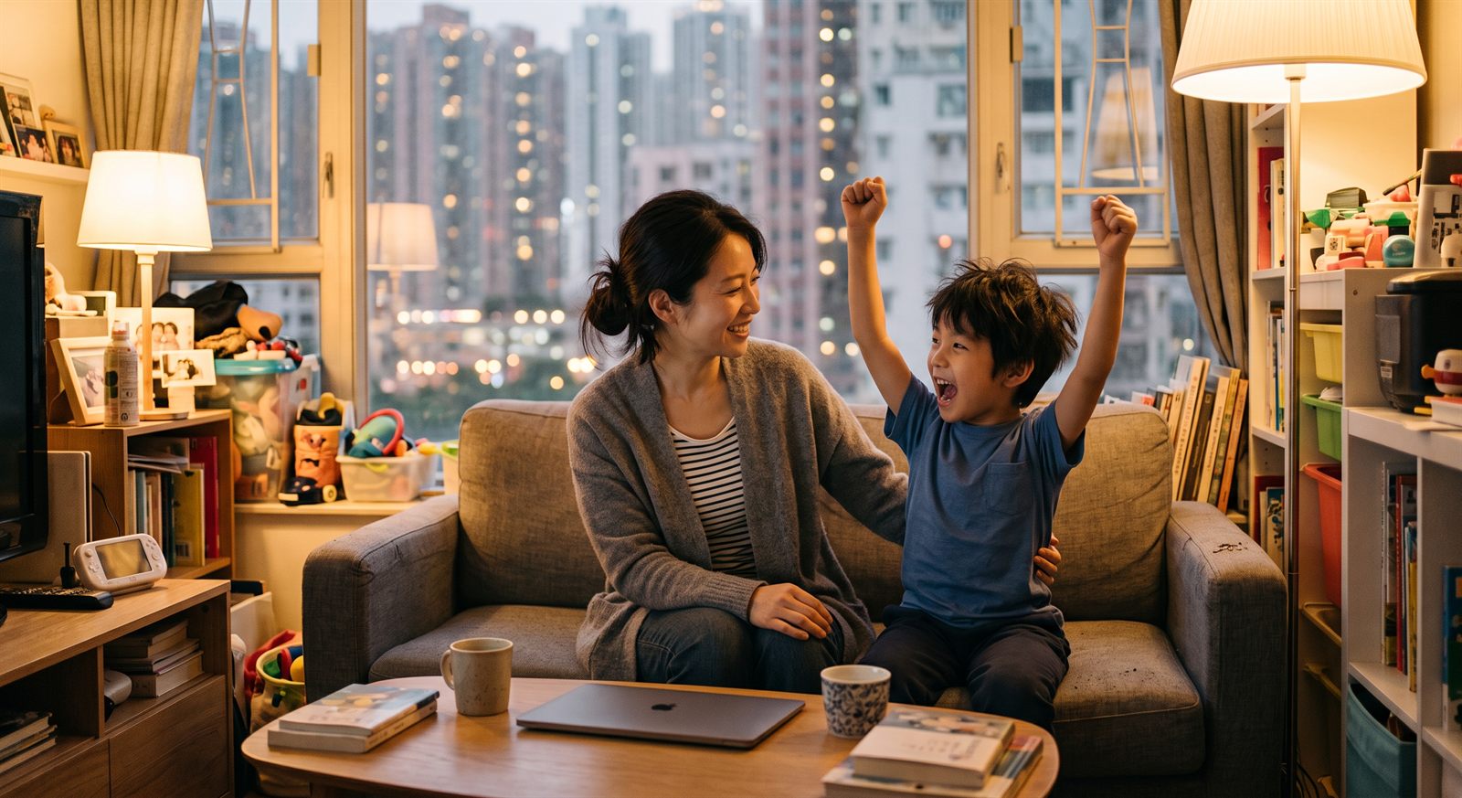 レッスンのあとに喜ぶ子どもとそばで微笑む保護者