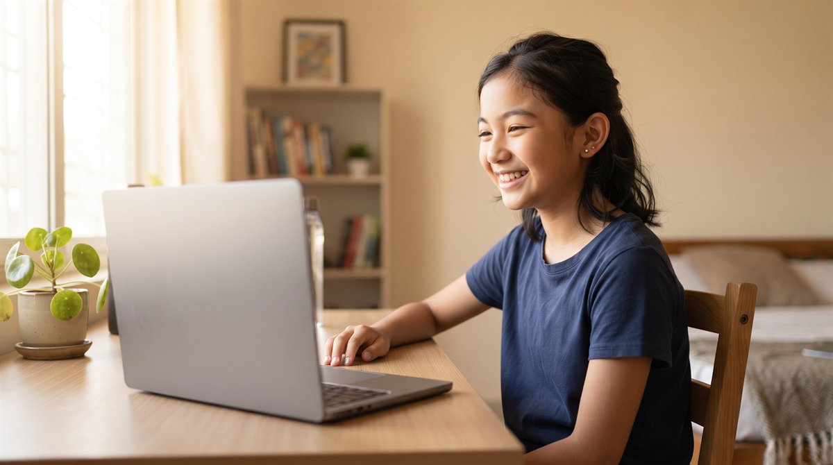 ベンガルールの明るい自室でノートパソコンのオンライン日本語レッスンに参加して笑う中学生