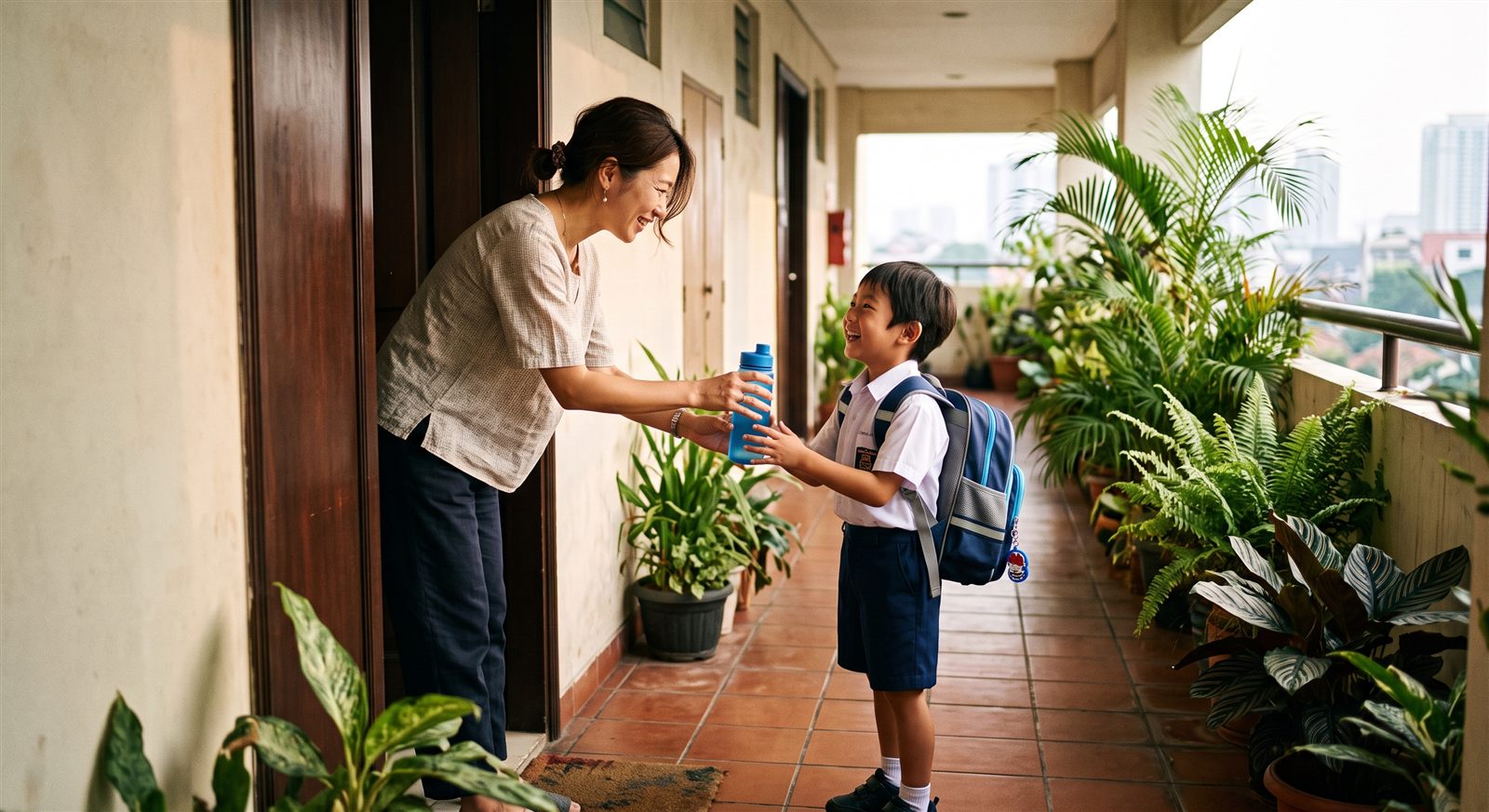 ジャカルタのアパートの玄関前で、朝に通学かばんを背負った小学生へ水筒を手渡す保護者