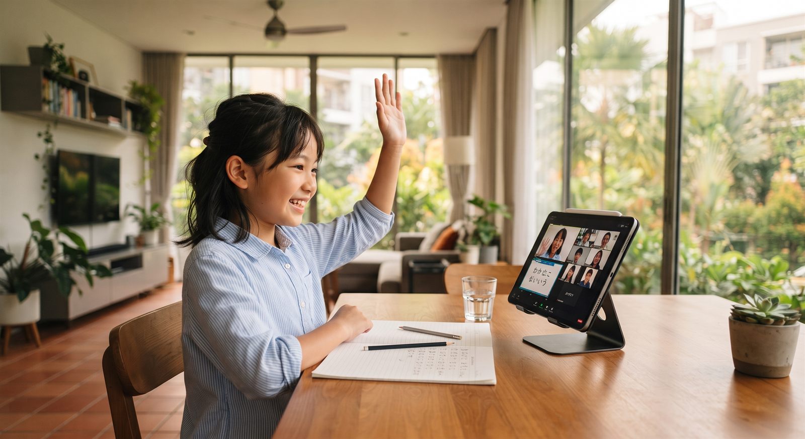 ジャカルタの自宅リビングでタブレットのオンライン日本語グループレッスンに参加して笑う小学生