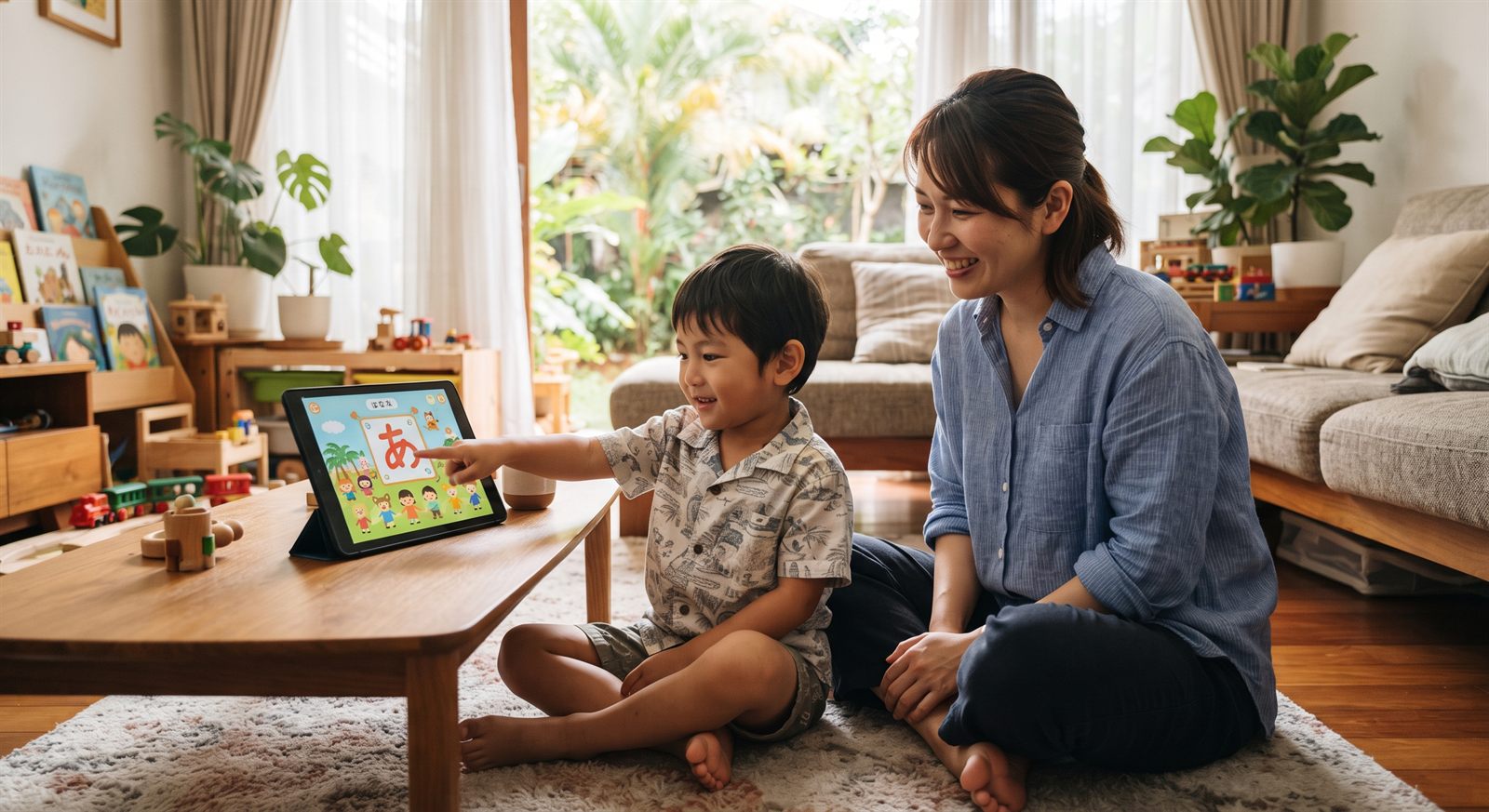 ジャカルタの自宅リビングでタブレットのオンライン日本語レッスンに参加する幼児と見守る保護者