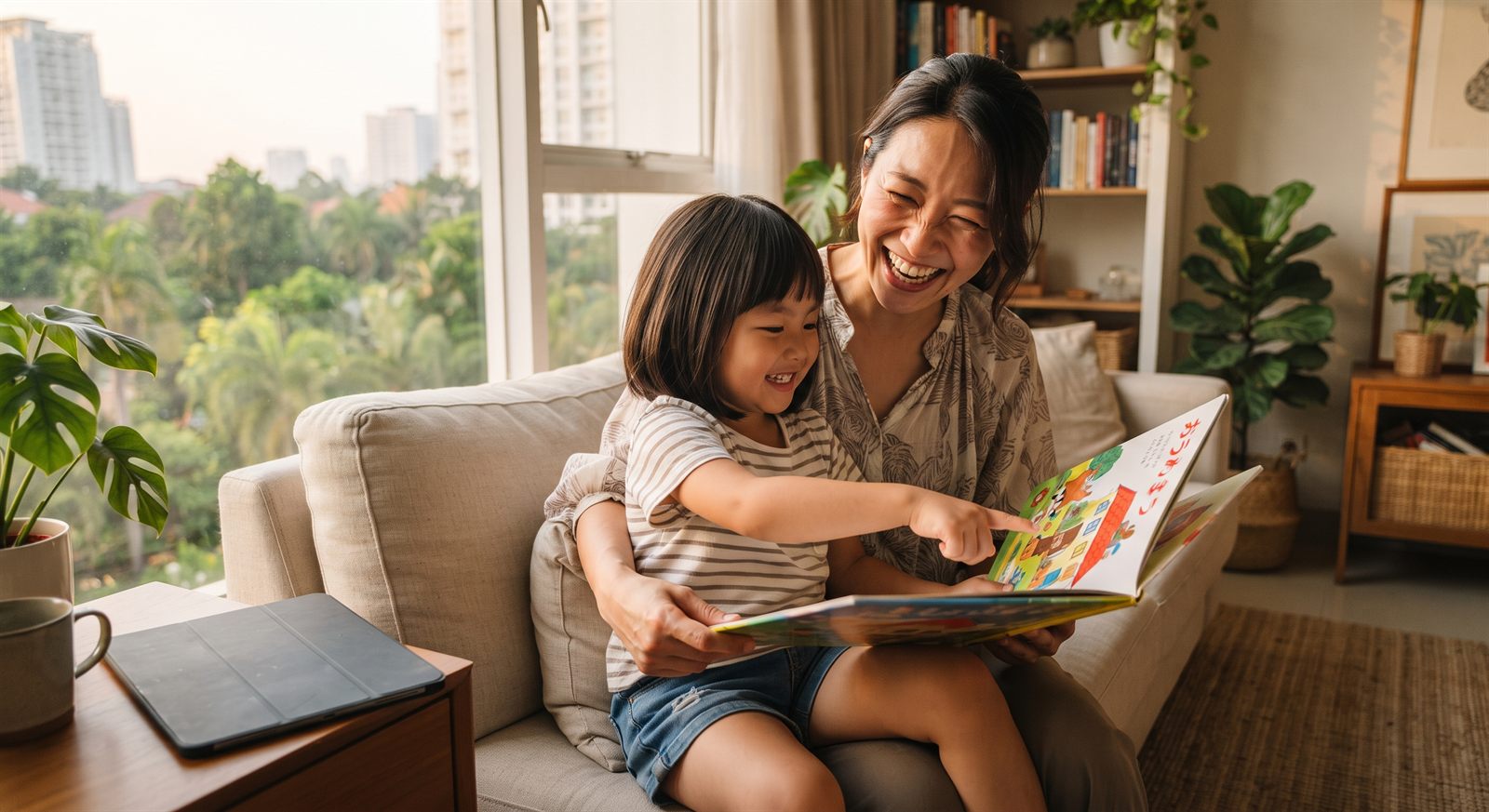 オンラインレッスンのあとにリビングで絵本を見せながら笑顔で話す幼児と保護者