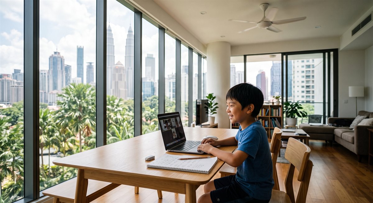 クアラルンプールの明るい自宅リビングでノートパソコンのオンライン日本語グループレッスンに参加して笑う小学生