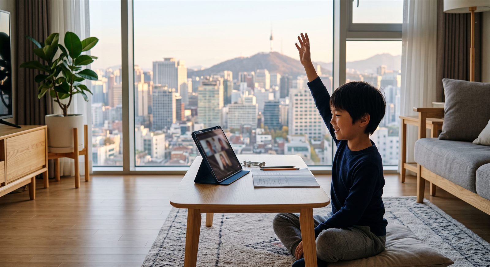 ソウルの自宅リビングでタブレットのオンライン日本語グループレッスンに参加して笑う小学生