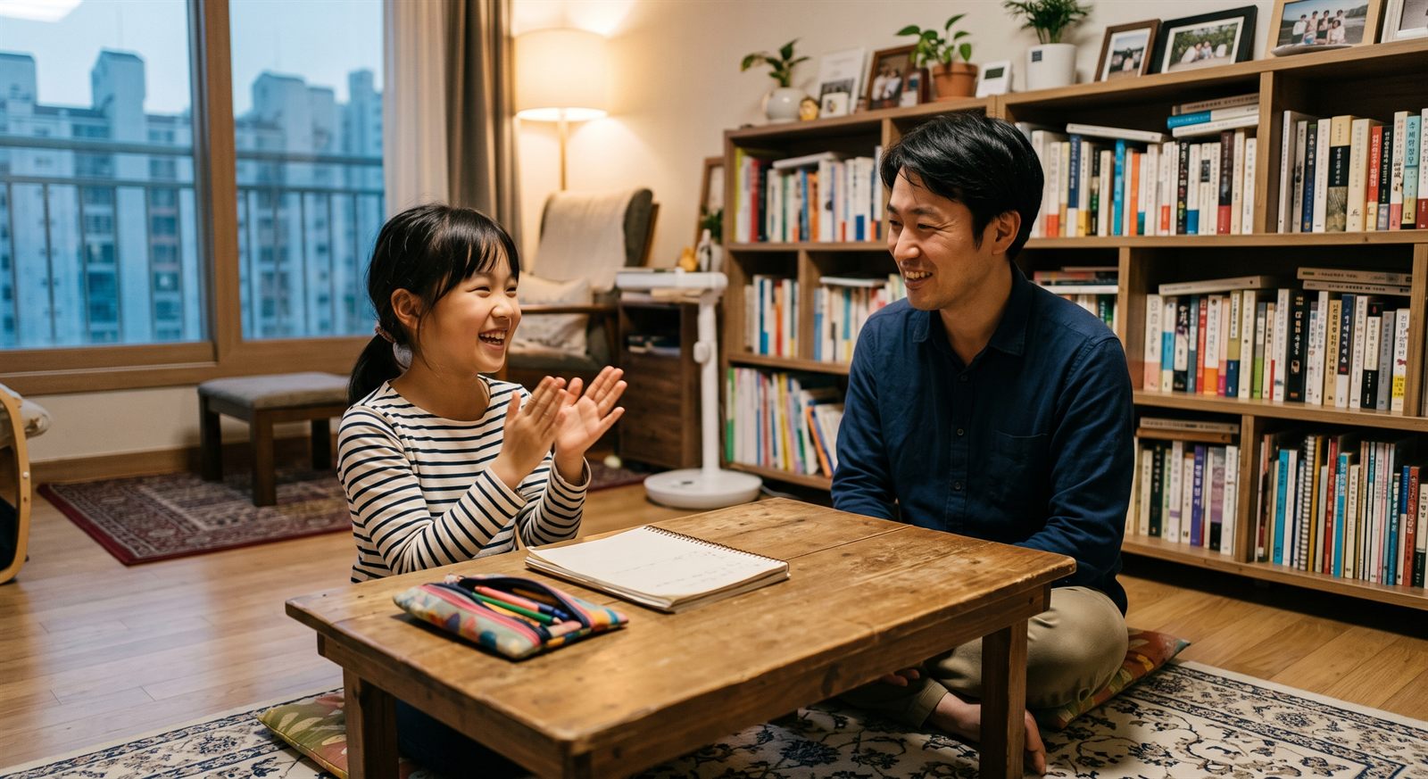 レッスンのあとに喜ぶ子どもとそばで拍手する保護者
