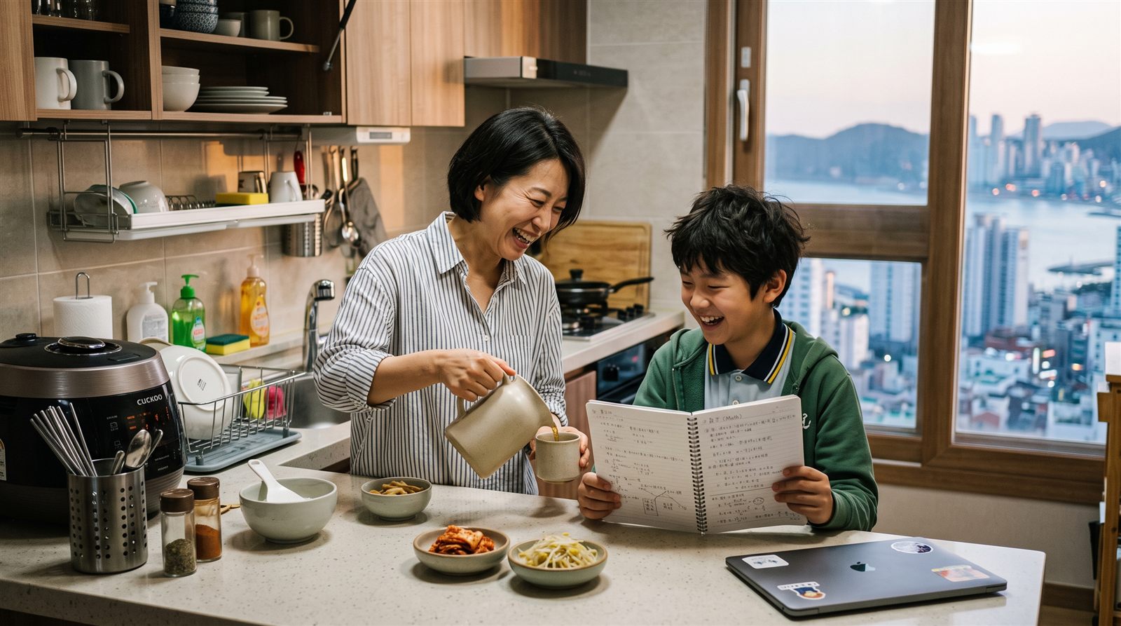 レッスンのあと、釜山の自宅のキッチンでノートを見せながら保護者と笑い合う小学生